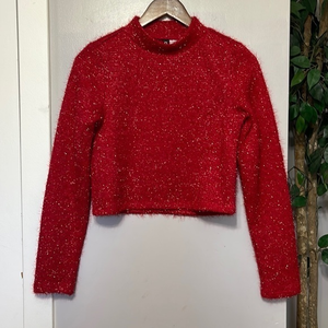 H&M Divided Small Crop Sweater Womens Red Excellent Sparkly Eyelash Mock Neck